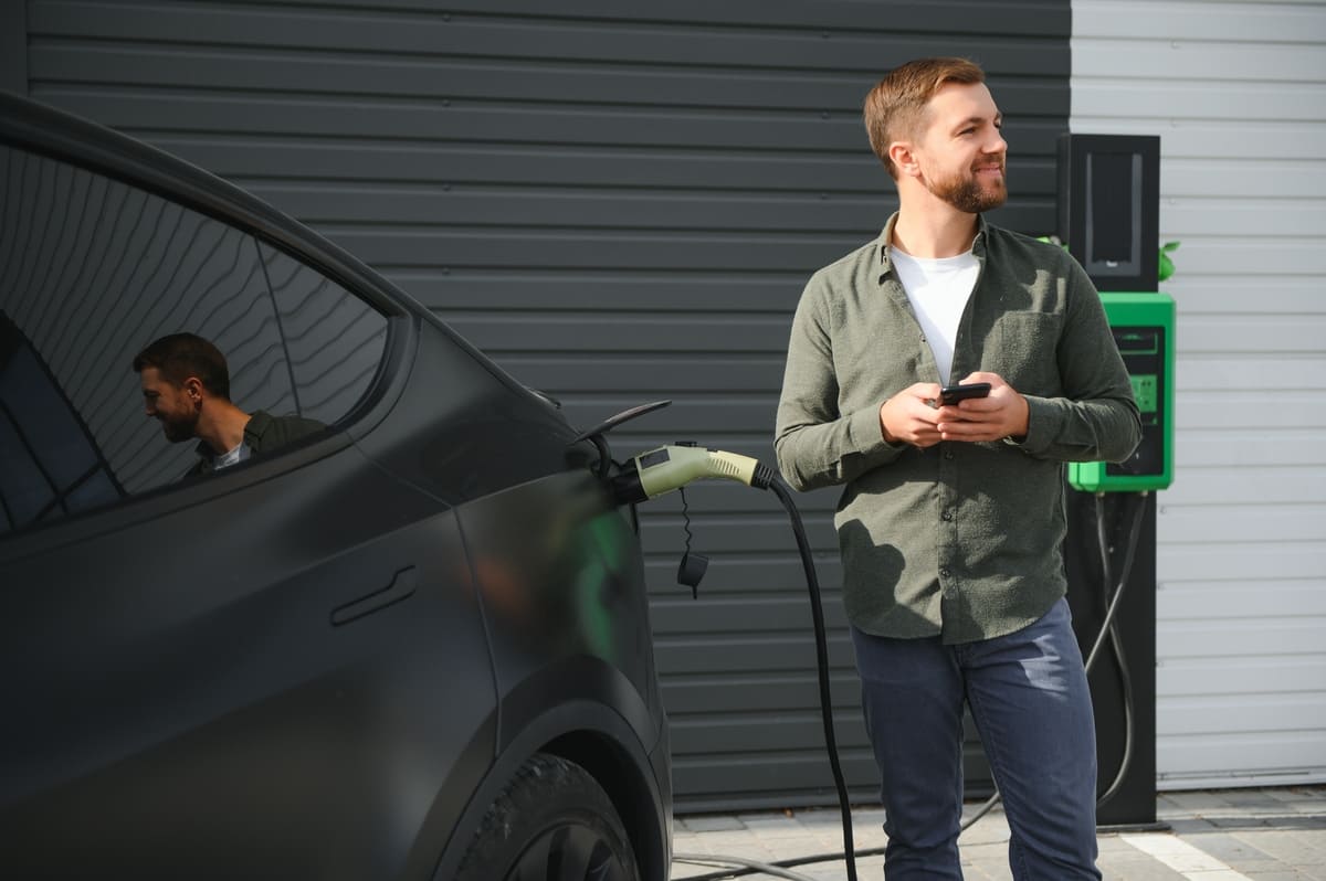 Kasko laadimisjaama kaitse - mees musta autot laadimas, taustal roheline laadimisjaam.